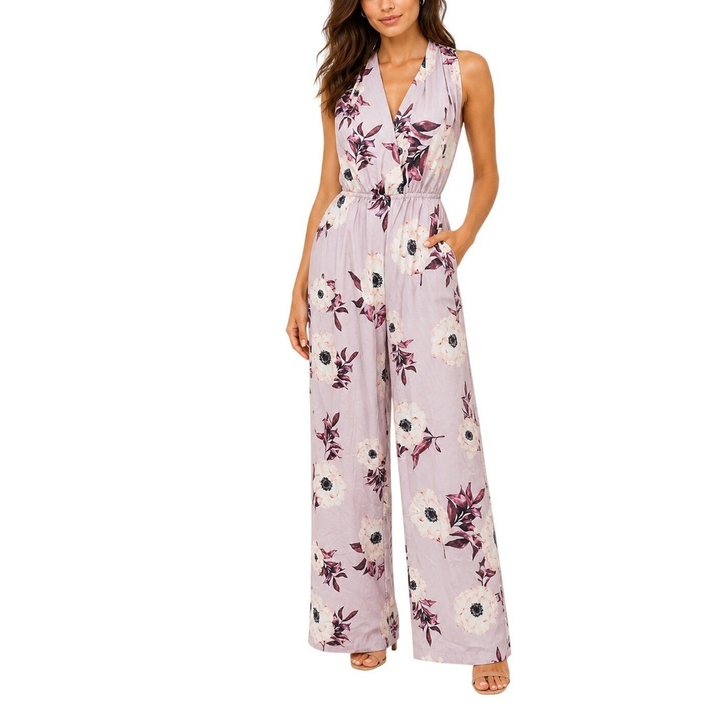 CBR Lavender Floral Halter Jumpsuit Wide Leg V-Neck Open Back Purple Size M